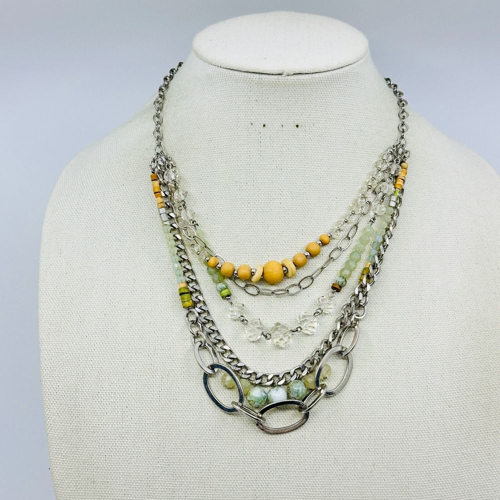 Ann Taylor LOFT Necklace Layered Green Brown Beaded Chain Silver Tone Jewelry